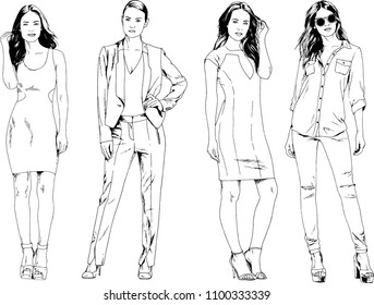 vector drawings on the theme of beautiful slim sporty girl in casual clothes in various poses painted ink hand sketch with no background
