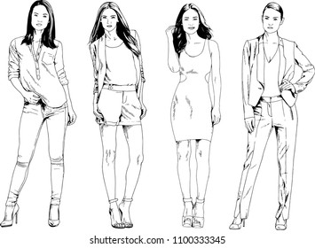 vector drawings on the theme of beautiful slim sporty girl in casual clothes in various poses painted ink hand sketch with no background
