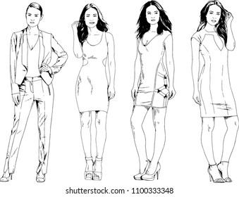 vector drawings on the theme of beautiful slim sporty girl in casual clothes in various poses painted ink hand sketch with no background
