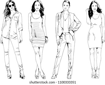 vector drawings on the theme of beautiful slim sporty girl in casual clothes in various poses painted ink hand sketch with no background
