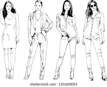 vector drawings on the theme of beautiful slim sporty girl in casual clothes in various poses painted ink hand sketch with no background

