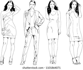 vector drawings on the theme of beautiful slim sporty girl in casual clothes in various poses painted ink hand sketch with no background
