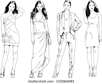vector drawings on the theme of beautiful slim sporty girl in casual clothes in various poses painted ink hand sketch with no background
