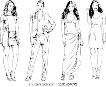 vector drawings on the theme of beautiful slim sporty girl in casual clothes in various poses painted ink hand sketch with no background
