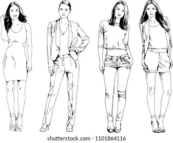 vector drawings on the theme of beautiful slim sporty girl in casual clothes in various poses painted ink hand sketch with no background

