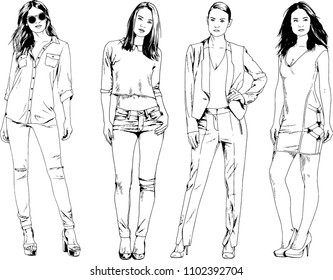 vector drawings on the theme of beautiful slim sporty girl in casual clothes in various poses painted ink hand sketch with no background
