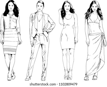 vector drawings on the theme of beautiful slim sporty girl in casual clothes in various poses painted ink hand sketch with no background
