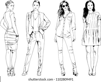 vector drawings on the theme of beautiful slim sporty girl in casual clothes in various poses painted ink hand sketch with no background
