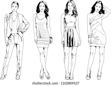 vector drawings on the theme of beautiful slim sporty girl in casual clothes in various poses painted ink hand sketch with no background
