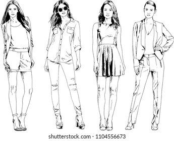 vector drawings on the theme of beautiful slim sporty girl in casual clothes in various poses painted ink hand sketch with no background

