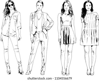 vector drawings on the theme of beautiful slim sporty girl in casual clothes in various poses painted ink hand sketch with no background
