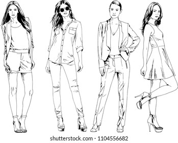 vector drawings on the theme of beautiful slim sporty girl in casual clothes in various poses painted ink hand sketch with no background
