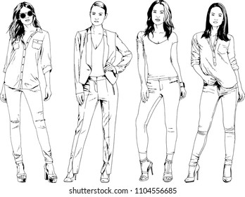 vector drawings on the theme of beautiful slim sporty girl in casual clothes in various poses painted ink hand sketch with no background
