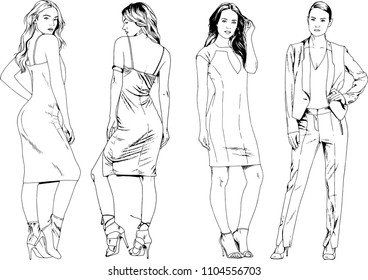 vector drawings on the theme of beautiful slim sporty girl in casual clothes in various poses painted ink hand sketch with no background
