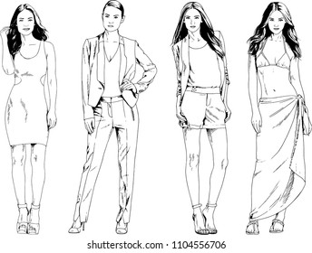 vector drawings on the theme of beautiful slim sporty girl in casual clothes in various poses painted ink hand sketch with no background
