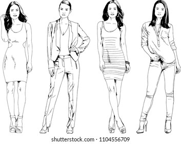 vector drawings on the theme of beautiful slim sporty girl in casual clothes in various poses painted ink hand sketch with no background
