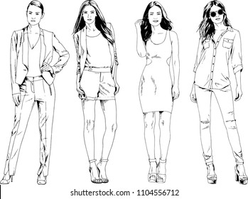 vector drawings on the theme of beautiful slim sporty girl in casual clothes in various poses painted ink hand sketch with no background
