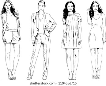 vector drawings on the theme of beautiful slim sporty girl in casual clothes in various poses painted ink hand sketch with no background
