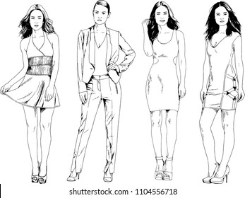 vector drawings on the theme of beautiful slim sporty girl in casual clothes in various poses painted ink hand sketch with no background
