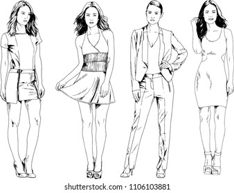 vector drawings on the theme of beautiful slim sporty girl in casual clothes in various poses painted ink hand sketch with no background
