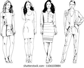 vector drawings on the theme of beautiful slim sporty girl in casual clothes in various poses painted ink hand sketch with no background

