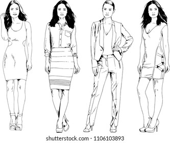 vector drawings on the theme of beautiful slim sporty girl in casual clothes in various poses painted ink hand sketch with no background

