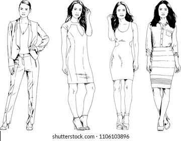 vector drawings on the theme of beautiful slim sporty girl in casual clothes in various poses painted ink hand sketch with no background
