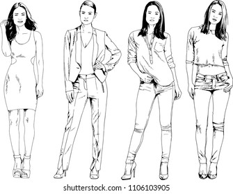 vector drawings on the theme of beautiful slim sporty girl in casual clothes in various poses painted ink hand sketch with no background
