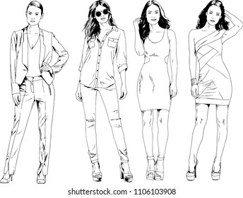 vector drawings on the theme of beautiful slim sporty girl in casual clothes in various poses painted ink hand sketch with no background
