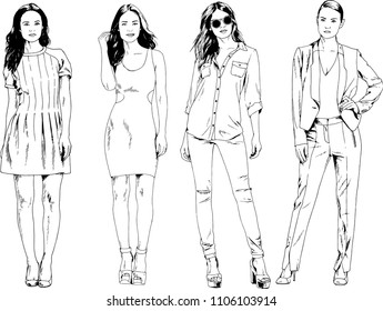 vector drawings on the theme of beautiful slim sporty girl in casual clothes in various poses painted ink hand sketch with no background
