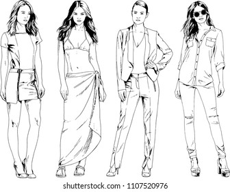 vector drawings on the theme of beautiful slim sporty girl in casual clothes in various poses painted ink hand sketch with no background
