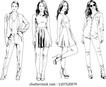 vector drawings on the theme of beautiful slim sporty girl in casual clothes in various poses painted ink hand sketch with no background
