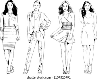 vector drawings on the theme of beautiful slim sporty girl in casual clothes in various poses painted ink hand sketch with no background
