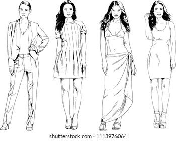 vector drawings on the theme of beautiful slim sporty girl in casual clothes in various poses painted ink hand sketch with no background
