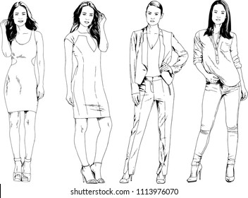 vector drawings on the theme of beautiful slim sporty girl in casual clothes in various poses painted ink hand sketch with no background
