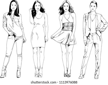 vector drawings on the theme of beautiful slim sporty girl in casual clothes in various poses painted ink hand sketch with no background

