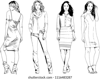 vector drawings on the theme of beautiful slim sporty girl in casual clothes in various poses painted ink hand sketch with no background
