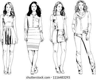 vector drawings on the theme of beautiful slim sporty girl in casual clothes in various poses painted ink hand sketch with no background
