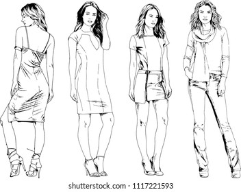 vector drawings on the theme of beautiful slim sporty girl in casual clothes in various poses painted ink hand sketch with no background

