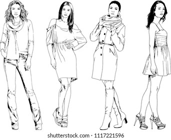 vector drawings on the theme of beautiful slim sporty girl in casual clothes in various poses painted ink hand sketch with no background
