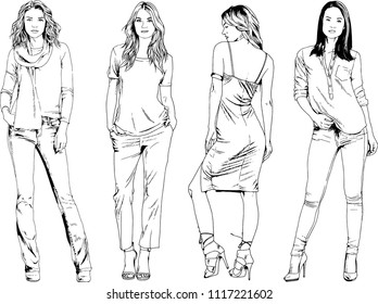 vector drawings on the theme of beautiful slim sporty girl in casual clothes in various poses painted ink hand sketch with no background
