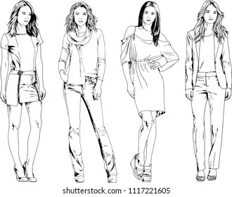 vector drawings on the theme of beautiful slim sporty girl in casual clothes in various poses painted ink hand sketch with no background
