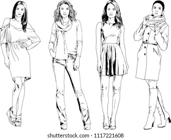 vector drawings on the theme of beautiful slim sporty girl in casual clothes in various poses painted ink hand sketch with no background
