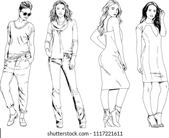 vector drawings on the theme of beautiful slim sporty girl in casual clothes in various poses painted ink hand sketch with no background
