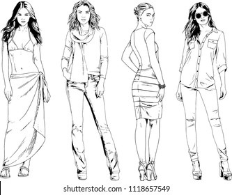 vector drawings on the theme of beautiful slim sporty girl in casual clothes in various poses painted ink hand sketch with no background