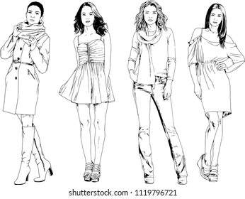 vector drawings on the theme of beautiful slim sporty girl in casual clothes in various poses painted ink hand sketch with no background