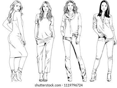 vector drawings on the theme of beautiful slim sporty girl in casual clothes in various poses painted ink hand sketch with no background
