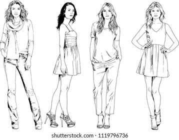 vector drawings on the theme of beautiful slim sporty girl in casual clothes in various poses painted ink hand sketch with no background