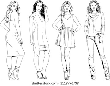 vector drawings on the theme of beautiful slim sporty girl in casual clothes in various poses painted ink hand sketch with no background
