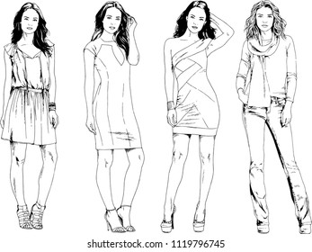 vector drawings on the theme of beautiful slim sporty girl in casual clothes in various poses painted ink hand sketch with no background
